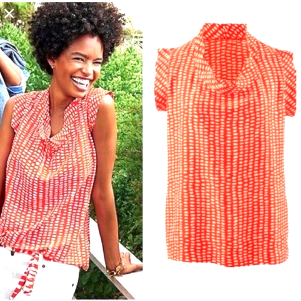 CAbi Orange and White Dotted Cowl Neck Cap Sleeve Blouse